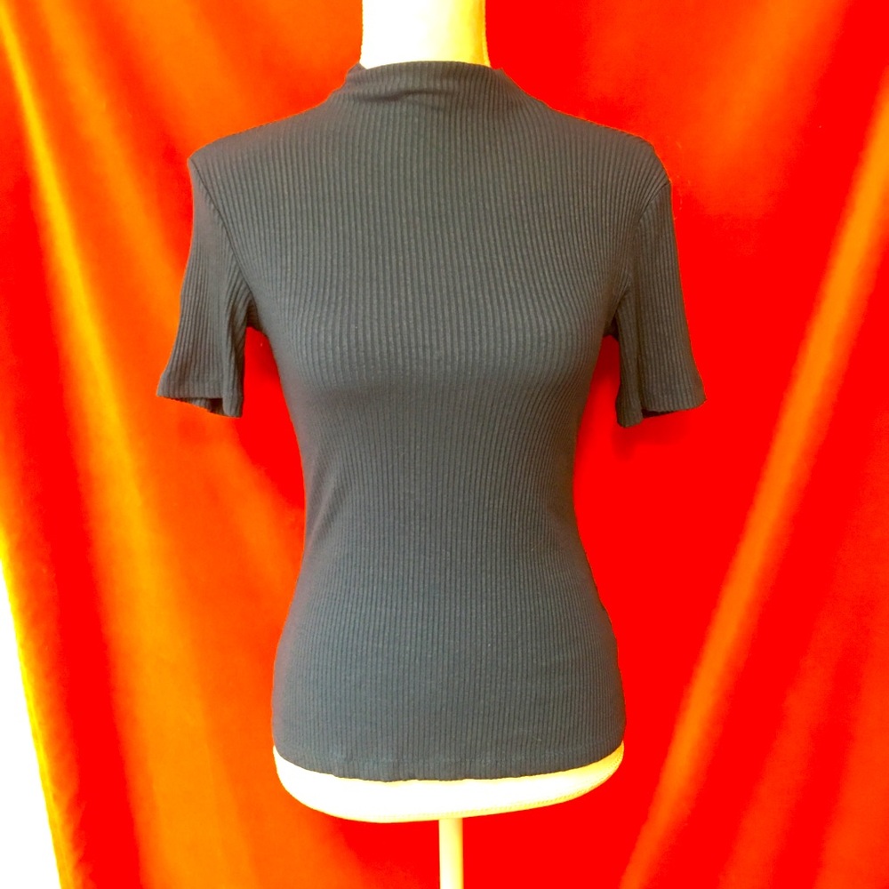 Amour Vert short sleeve jersey top mock neck ribbed blue xs